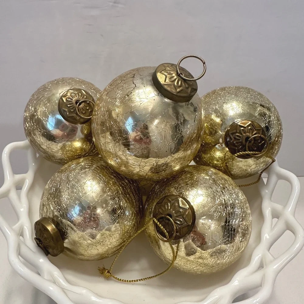 Restoration Hardware Gold Crackle Glass Ball Christmas Ornaments Set of‎ 6 3.5in